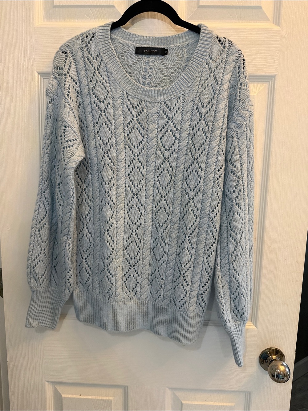 SL Fashions Light Blue Open-Knit Crewneck Sweater